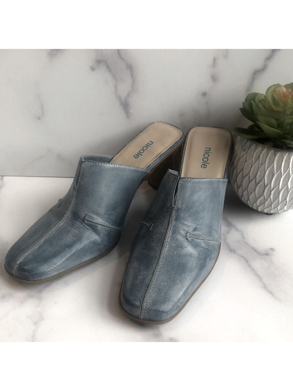 Vintage NICOLE Brakes Blue Stitched Leather Heeled Mules, Size 7M